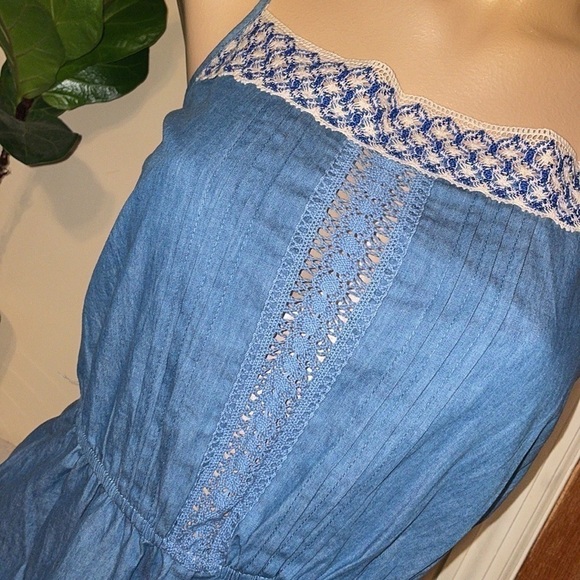 Flying Tomato Womens romper Medium jumper embroider Jean denim shorts blue tank - Picture 3 of 5